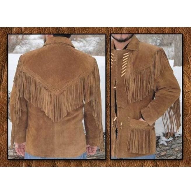 Men Tan Color Cowboy Fringe Jacket, Jacket Cowboy Suede Leather Jacket