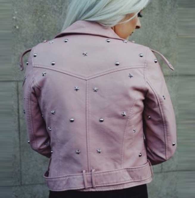 Designer Pink Color Women Genuine Leather Jacket Silver Star Studs - Image 3