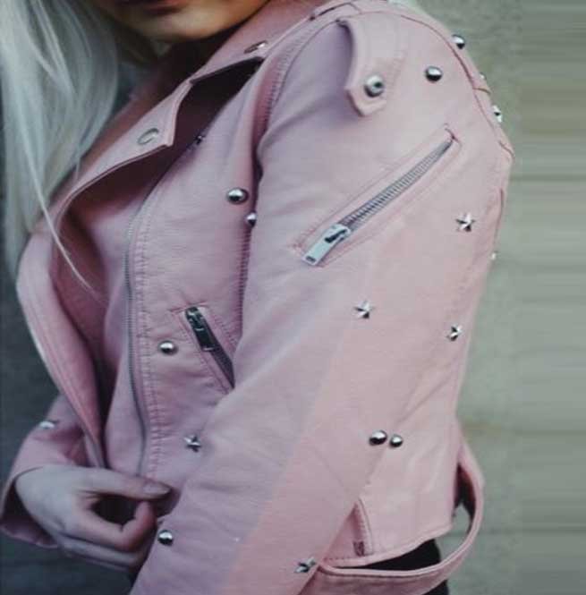 Designer Pink Color Women Genuine Leather Jacket Silver Star Studs - Image 2