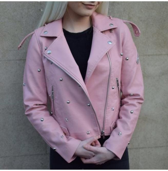 Designer Pink Color Women Genuine Leather Jacket Silver Star Studs