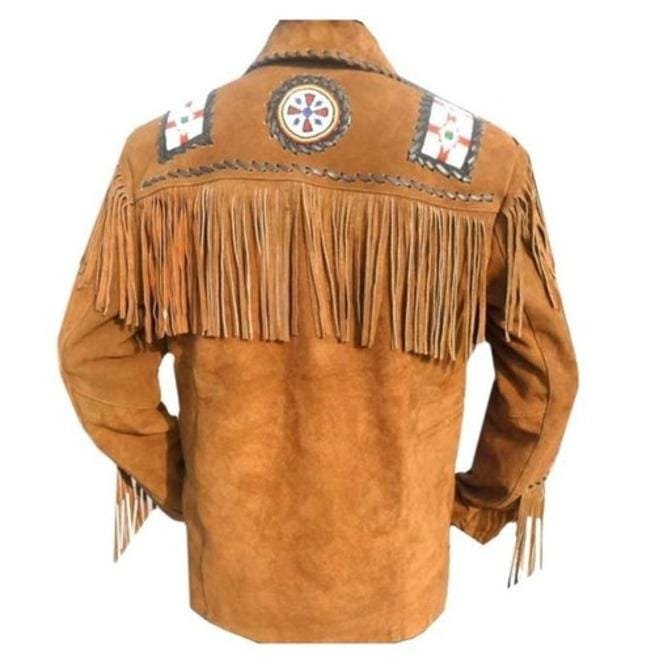 Men Brown Eagle Beads Western Cowboy Suede Leather Jacket, Fringes Jacket - Image 2