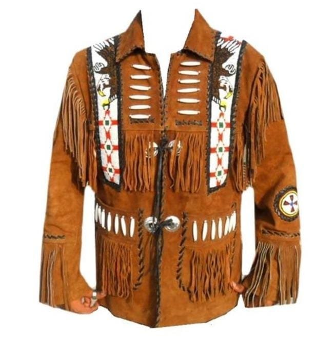 Men Brown Eagle Beads Western Cowboy Suede Leather Jacket, Fringes Jacket