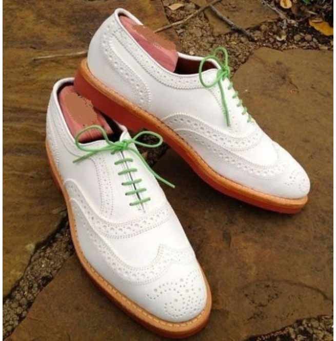 Handmade Men's Oxford White Leather With Brogue Toe Dress Formal Shoes