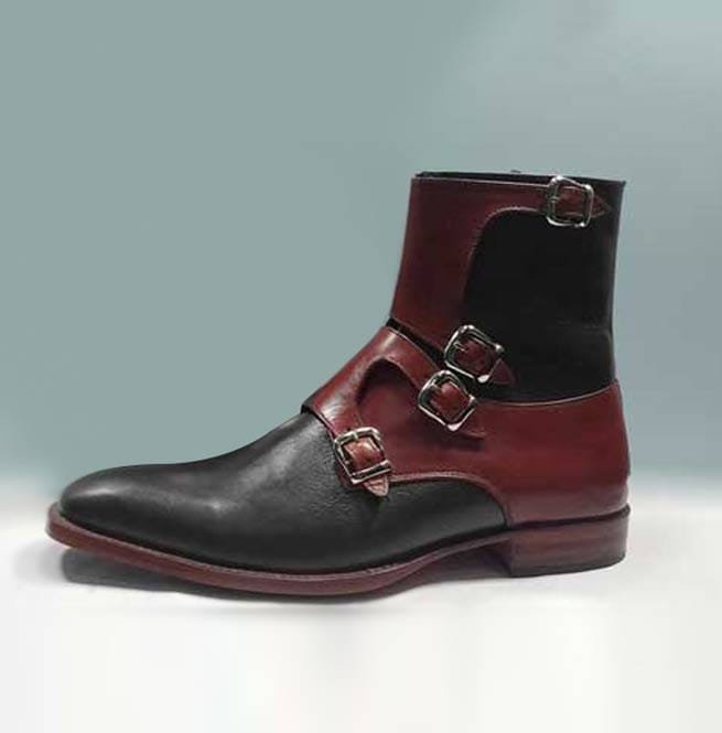 Ankle High Buckle Boot, Handmade Mens Red Black Leather Boot - Image 2