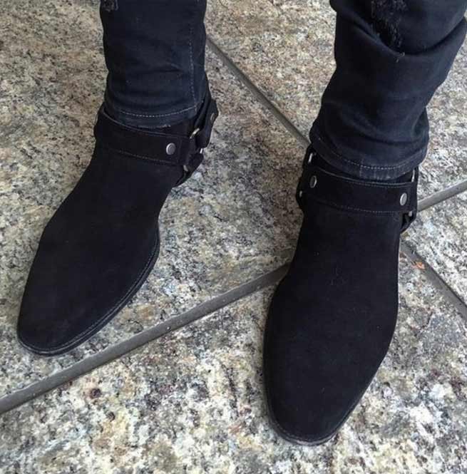 Black Suede Biker Boot Handmade Ankle Boot for Men