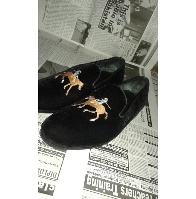 Handmade Men Black Velvet Loafer, Horse Embroided Shoes For - Image 2