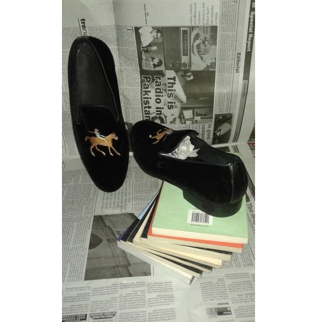 Handmade Men Black Velvet Loafer, Horse Embroided Shoes For - Image 3