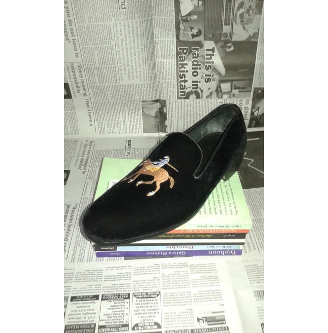 Handmade Men Black Velvet Loafer, Horse Embroided Shoes For - Image 5