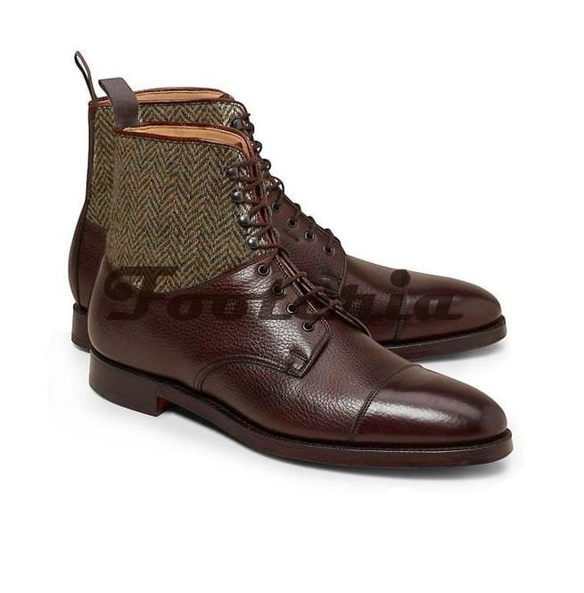 Handmade Men Brown Leather Boots, Tweed Fabric Boot For , Formal Boots