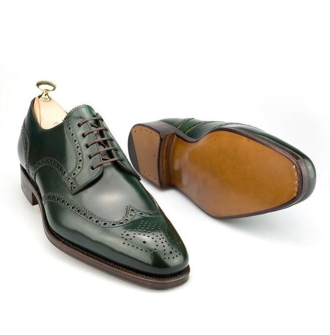 Handmade Men Derby Green Shoes, Dress Formal Leather Shoes, Wingtip Brogue - Image 2