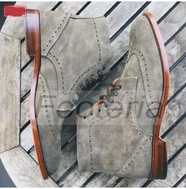 Handmade Men Gray Boots, Wingtip Brogue Boot For , Suede Leather Boot