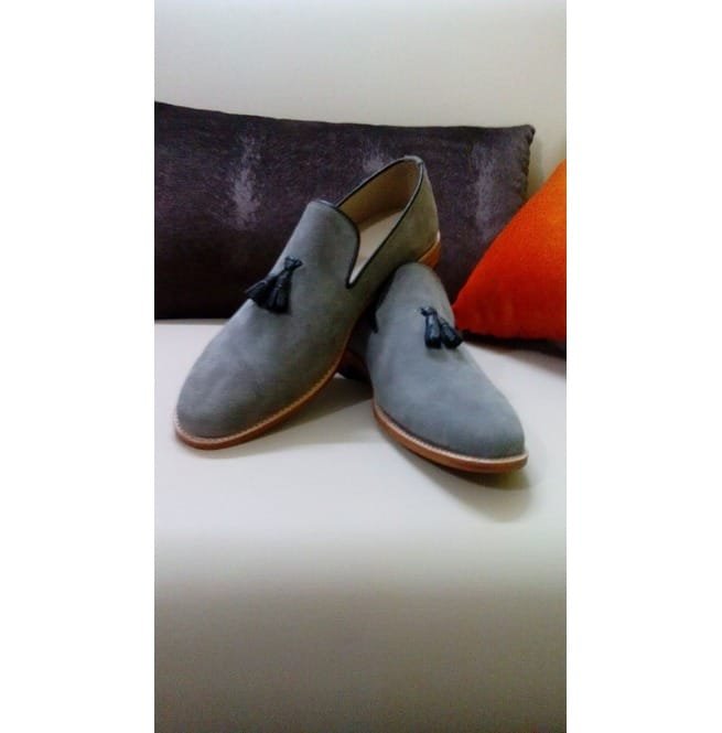 Handmade Men Gray Suede Loafer Shoes, Leather Moccasin Slipons - Image 4