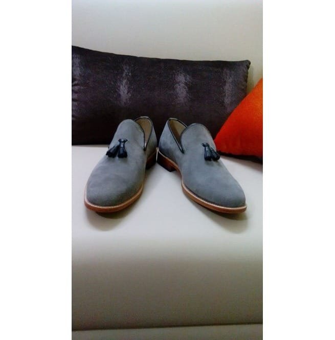 Handmade Men Gray Suede Loafer Shoes, Leather Moccasin Slipons - Image 5