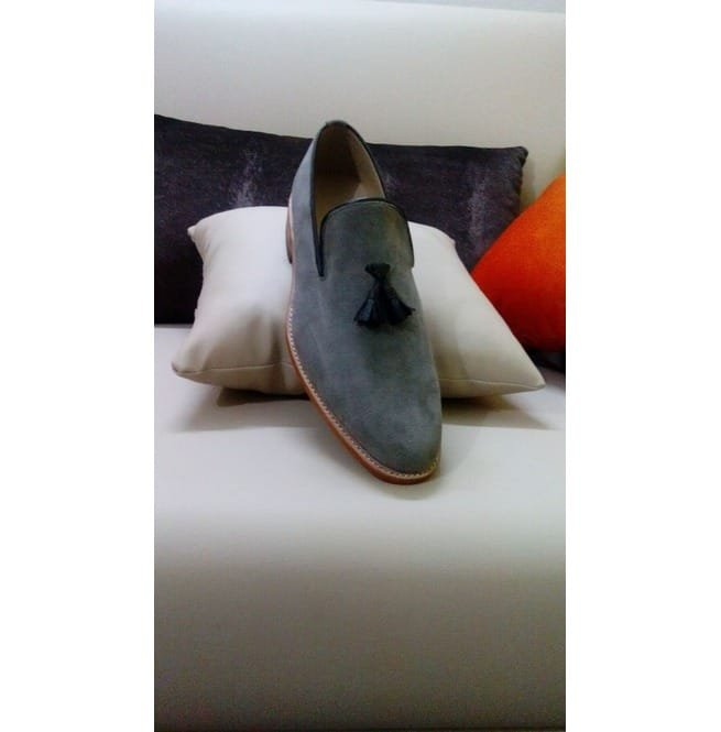 Handmade Men Gray Suede Loafer Shoes, Leather Moccasin Slipons - Image 2