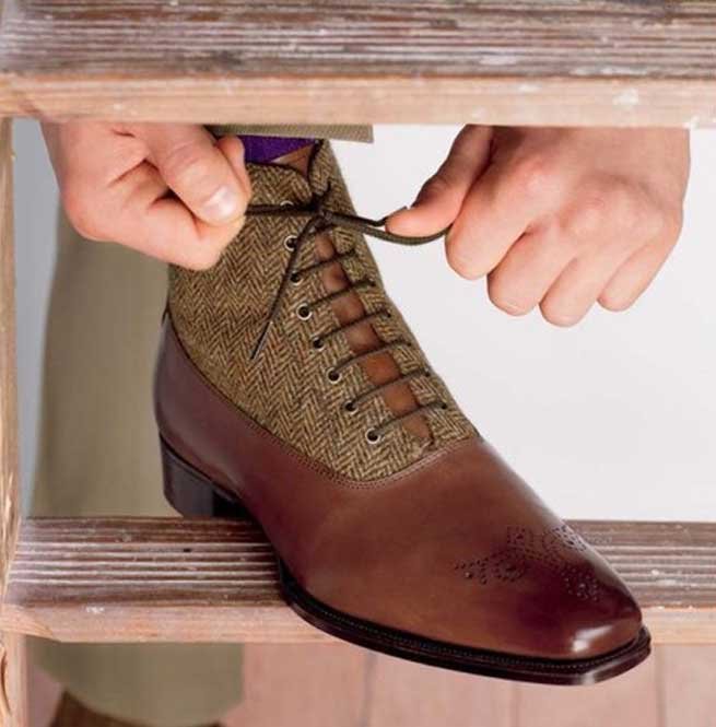 Tweed Fabric Boots, Handmade Men Leather Boots