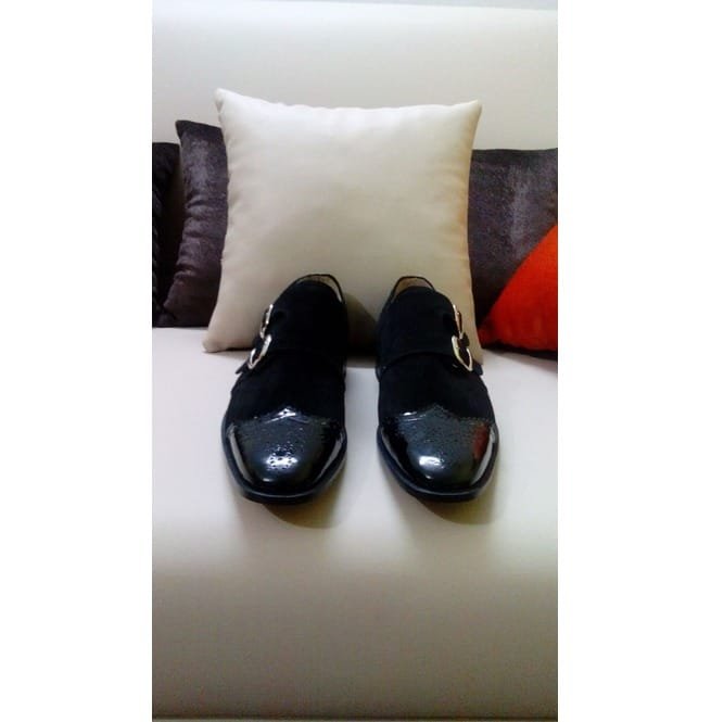 Handmade Men Monk Strap Shoes, Black Patent Tip Leather Shoes