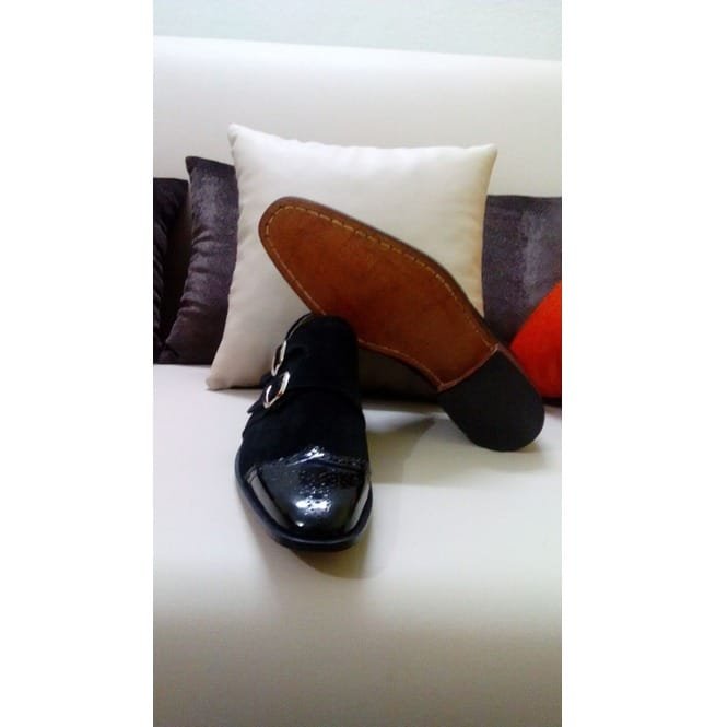Handmade Men Monk Strap Shoes, Black Patent Tip Leather Shoes - Image 5