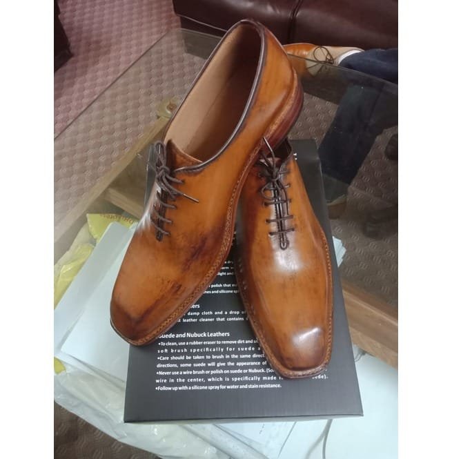 Handmade Men Tan Leather Shoes, Dress Formal Shoe, Burnish Shading Shoe