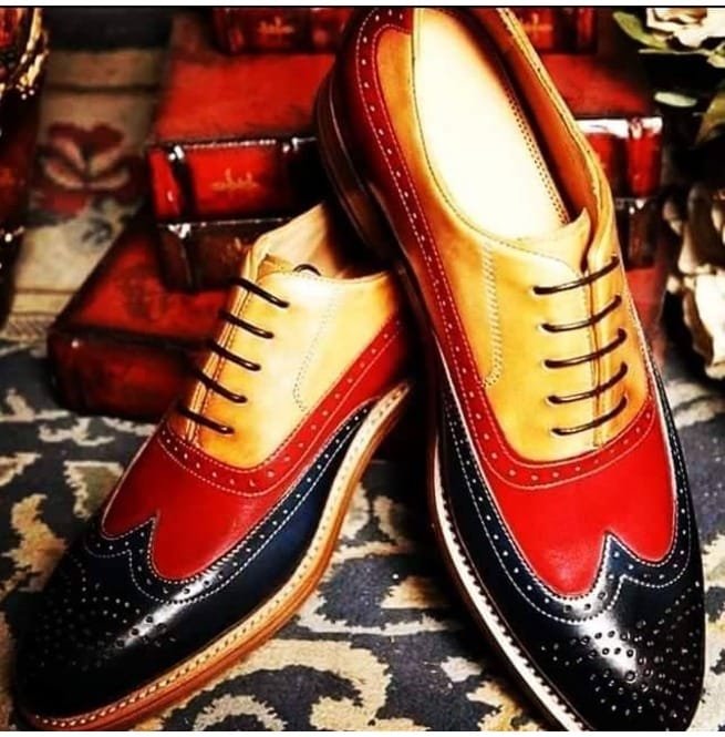 Handmade Men Three Tone Shoes, Wingtip Brogue Leather Shoes,Dress Shoes