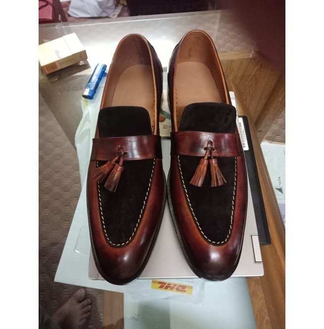 Handmade Men Two Tone Shoes, Brown Leather And Suede Shoes, Moccasin, Dress - Image 6