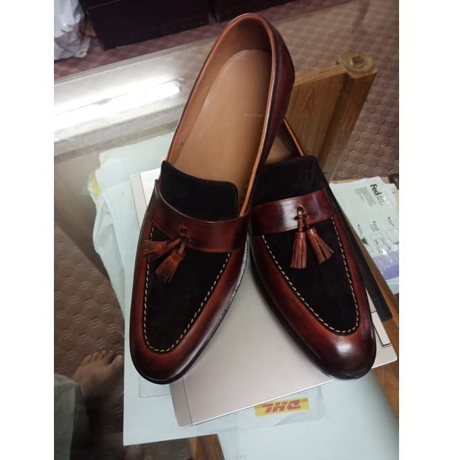 Handmade Men Two Tone Shoes, Brown Leather And Suede Shoes, Moccasin, Dress