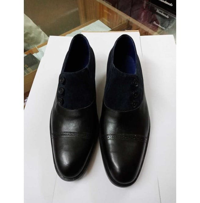Handmade Men Two Tone Shoes, Navy Blue Suede And Black Shoes, Button Shoes - Image 3