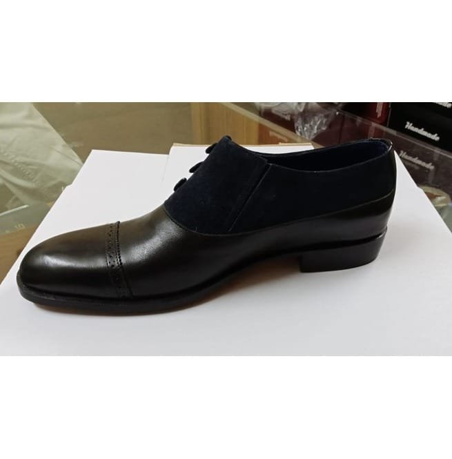 Handmade Men Two Tone Shoes, Navy Blue Suede And Black Shoes, Button Shoes - Image 5