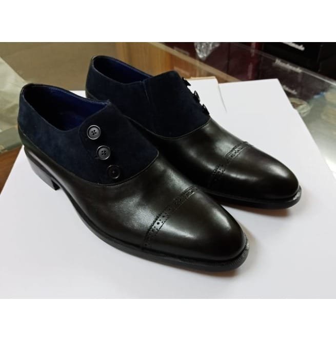 Handmade Men Two Tone Shoes, Navy Blue Suede And Black Shoes, Button Shoes