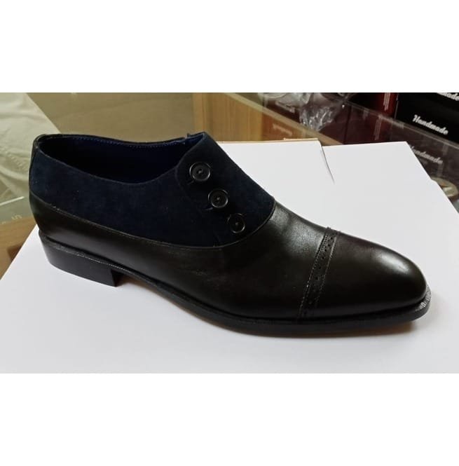 Handmade Men Two Tone Shoes, Navy Blue Suede And Black Shoes, Button Shoes - Image 6