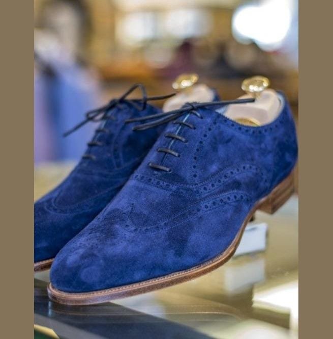 Handmade Mens Brogue Blue Suede Shoes, Men Wingtip Suede Blue Party Shoes