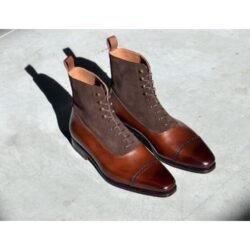 Handmade Two Tone Ankle Boots, Men Lace Up Leather Boots For , Brown