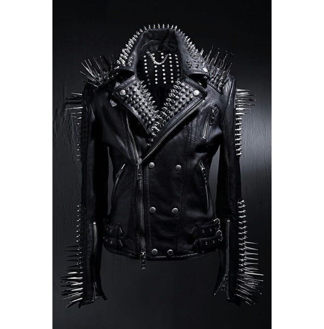 Men Black Multi Studded With Long Spike Rocker Punk Style Biker Jacket