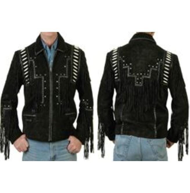 Men Black Cowboy Suede Leather Jacket,Cowboy Style Suede Jacket With Fringe - Image 2