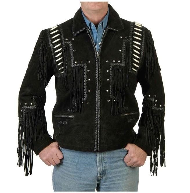 Men Black Cowboy Suede Leather Jacket,Cowboy Style Suede Jacket With Fringe