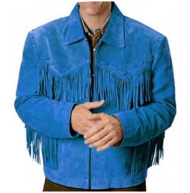 Men Blue Cowboy Suede Leather Jacket ,Cowboy Suede Jacket With Fringes