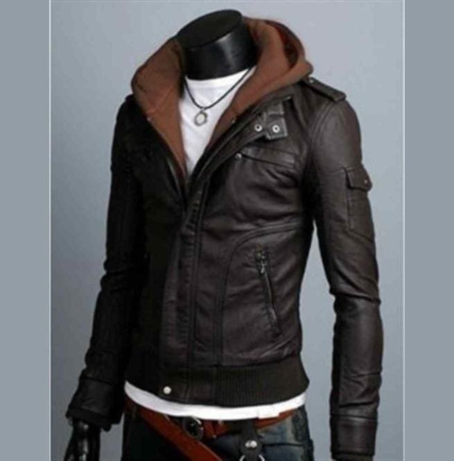 Men Brown Slim Fit Fabric Hooded Jacket, Leather Hooded Jacket, Hoodies - Image 2