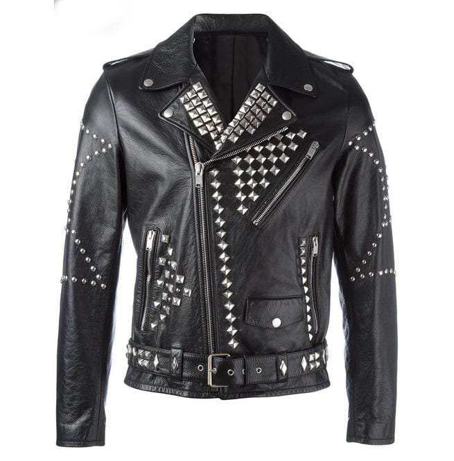 Men Classic Sliver Studded Leather Motorcycle Jacket, Biker Leather Jacket