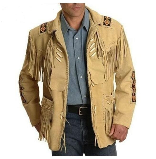 Men's Western Beige Suede Leather Jacket Fringe / Bones / Beads Coat Fringe