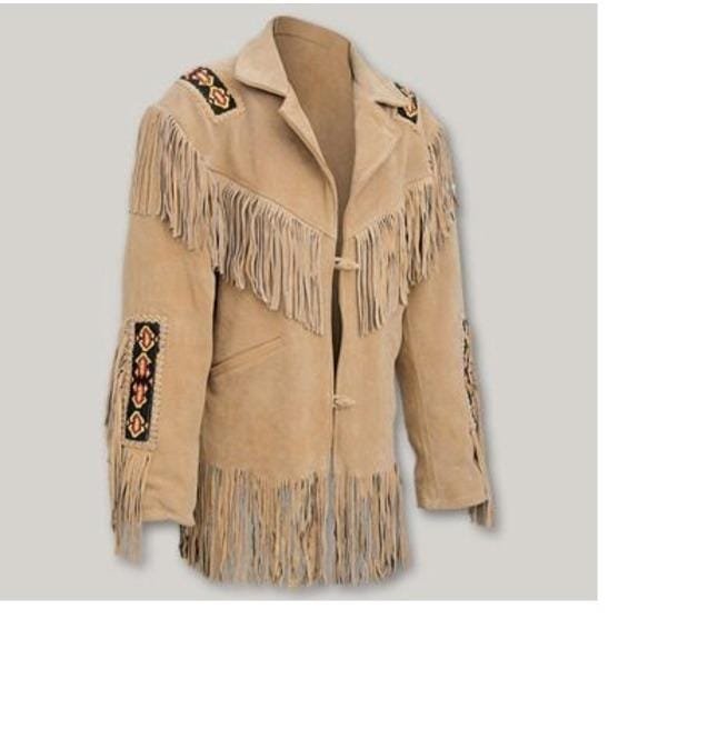 Mens Suede Leather Cowboy Style Western Wear Native Fringe American Jacket