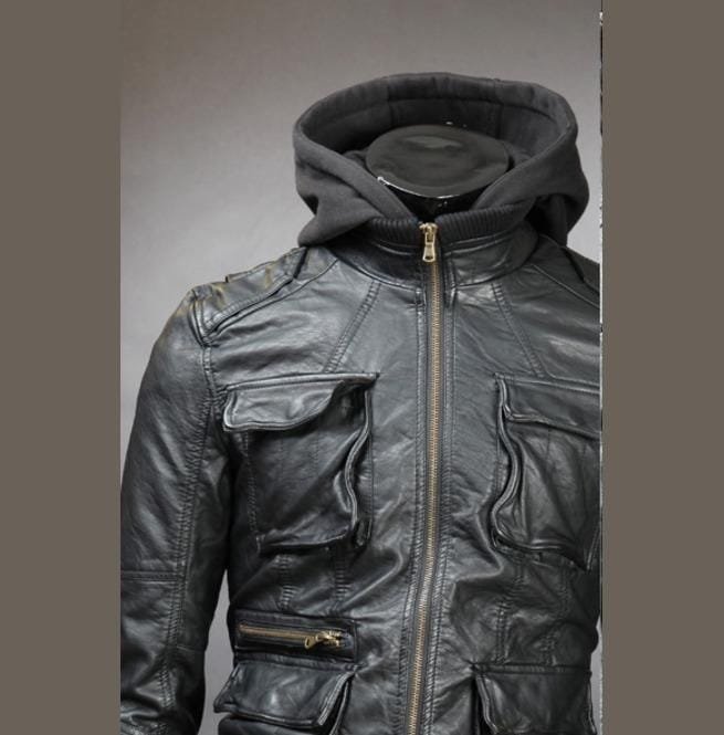 Men Detachable Fabric Hooded Leather Jacket, Biker Leather Jacket Mens - Image 3