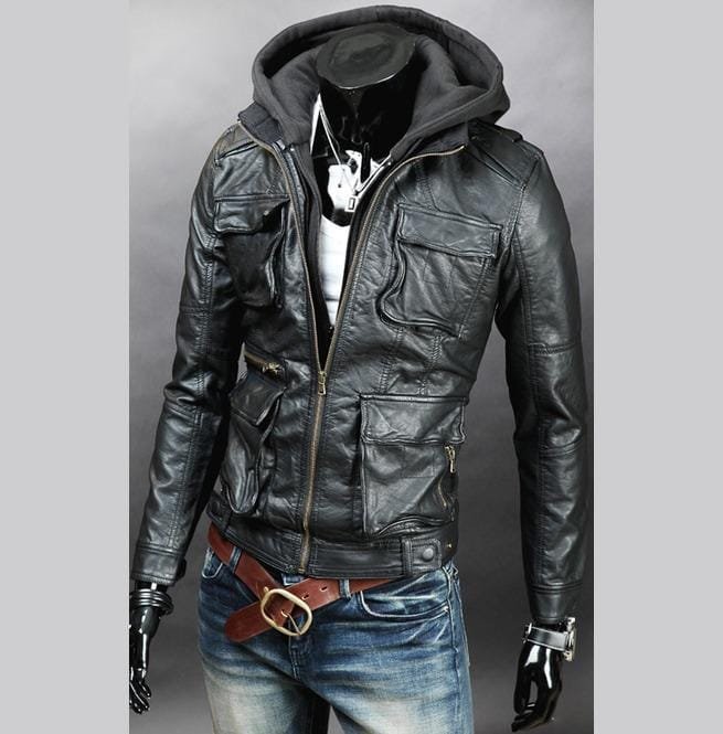 Men Detachable Fabric Hooded Leather Jacket, Biker Leather Jacket Mens