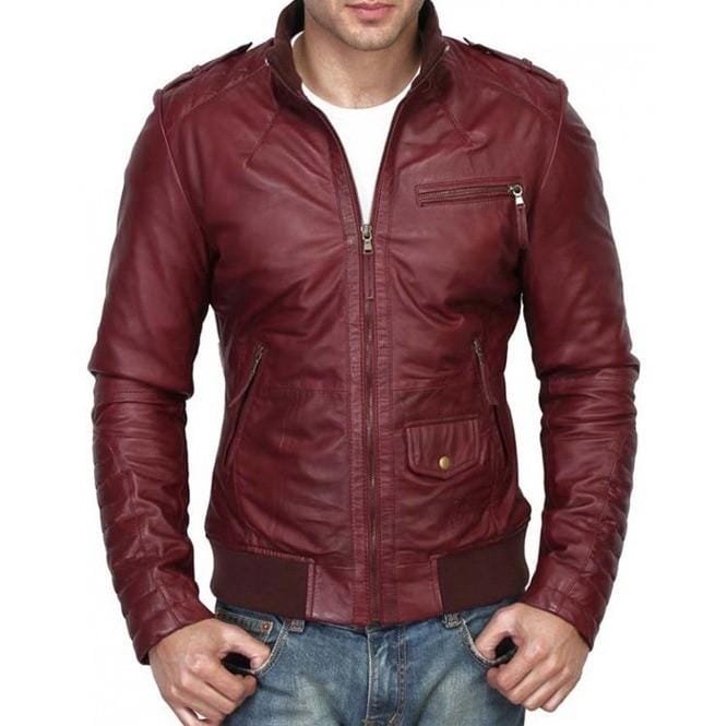 Men Maroon Color Slim Fit Leather Jacket. Fashion Biker Leather Jacket