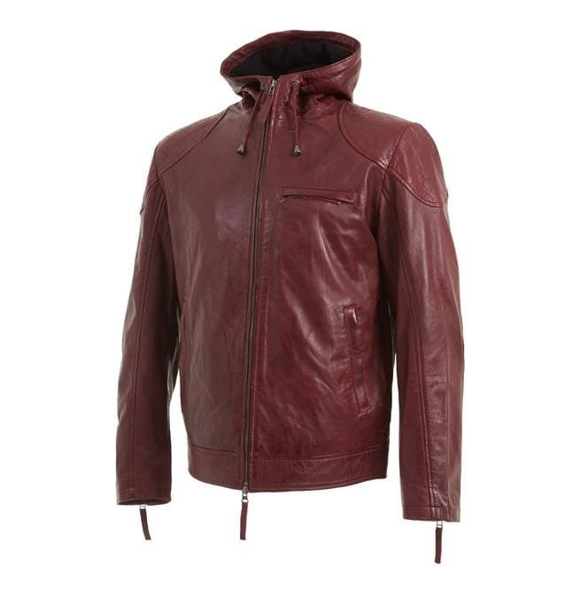 Men Maroon Hooded Leather Jacket, Leather Hooded Jacket, Jackets