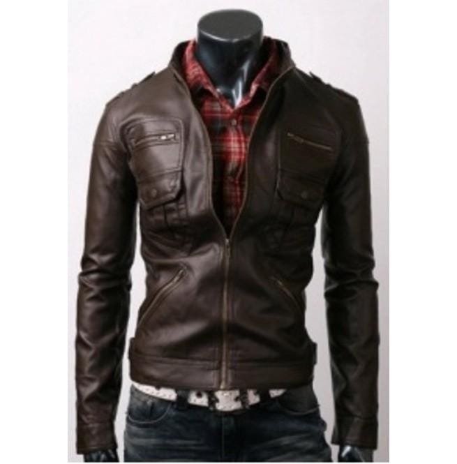 Men Slim Brown Leather Jacket With Six Front Pockets, Mens Leather Jacket