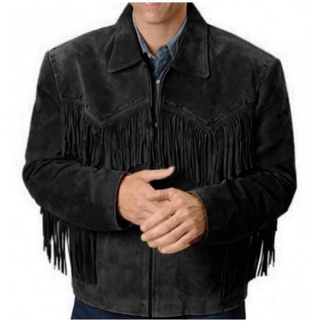 Men Western Black Leather Jacket Wear Fringes Beads, Suede Cowboy Jacket