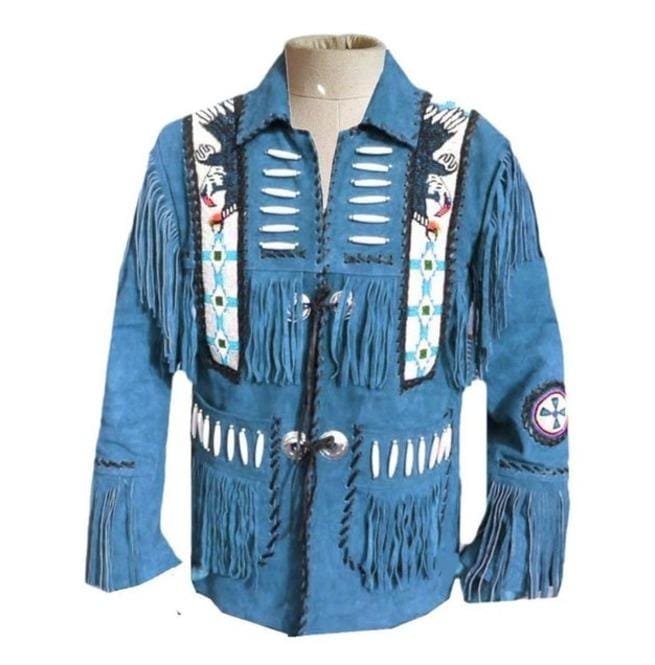 Men Western Leather Jacket Wear Fringes Beads American Cowboy Jacket
