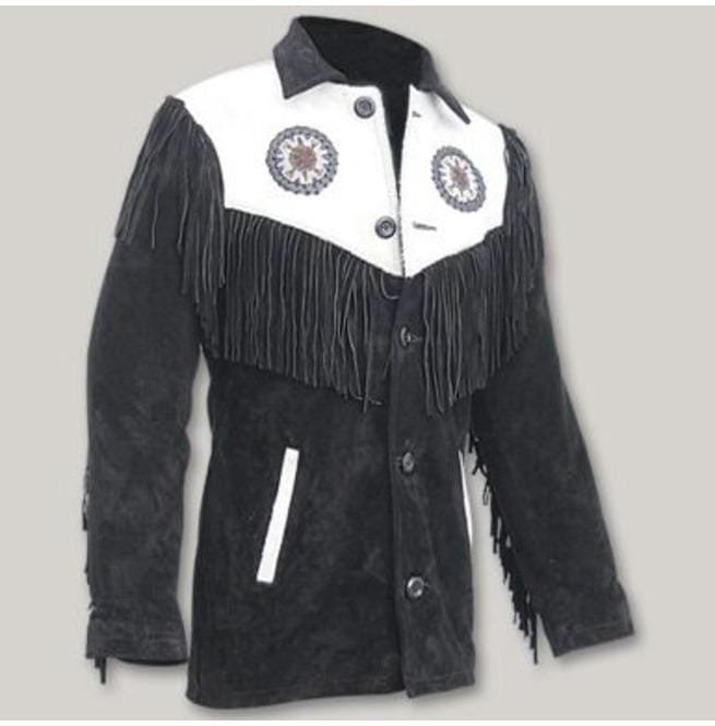 Men Western Leather Jacket Wear Fringes Beads Native American Cowboy Coat