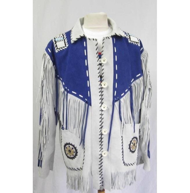 Men Western Leather Jacket Wear Fringes Beads Native American Cowboy Coat