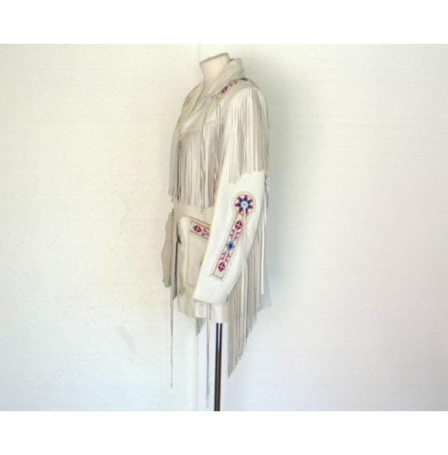 Men White Cowboy Genuine Leather Jacket ,Cowboy Leather Jacket With Fringes - Image 6