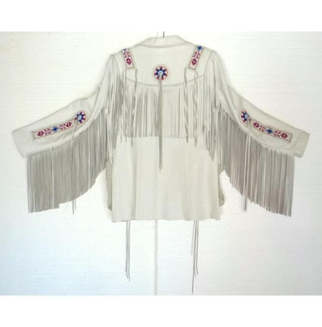 Men White Cowboy Genuine Leather Jacket ,Cowboy Leather Jacket With Fringes - Image 3